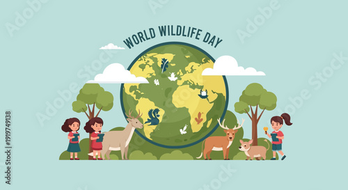 World Wildlife Day illustration featuring children, diverse animals, and a globe symbolizing global conservation efforts.