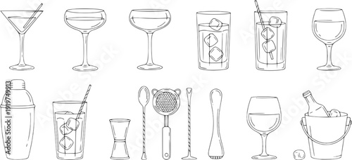 Modern hand drawn cocktail glasses and barware thin-line vector icon set.