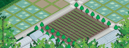 田園風景のイラスト. アイソメ図で描いた都市.