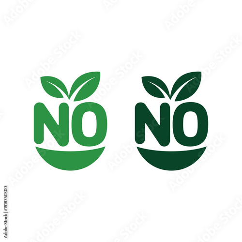 Two green 'No' icons with small leaves represent environmental.