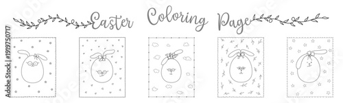 Easter coloring page set, doodle-style design with black lines, perfect for card design, coloring pages, Easter-themed decorations, art for kids, scrapbooks, digital prints, preschool and  more