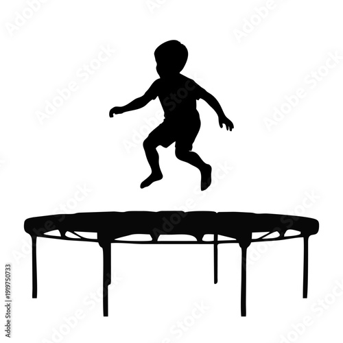 silhouette of a child playing on a trampoline on a white background