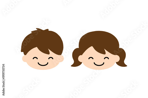 笑顔の子供の顔アイコンセット｜男の子と女の子のフラットアバターイラスト白背景