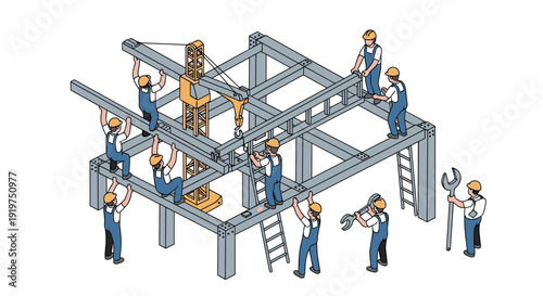 Construction Workers Building Metal Structure.