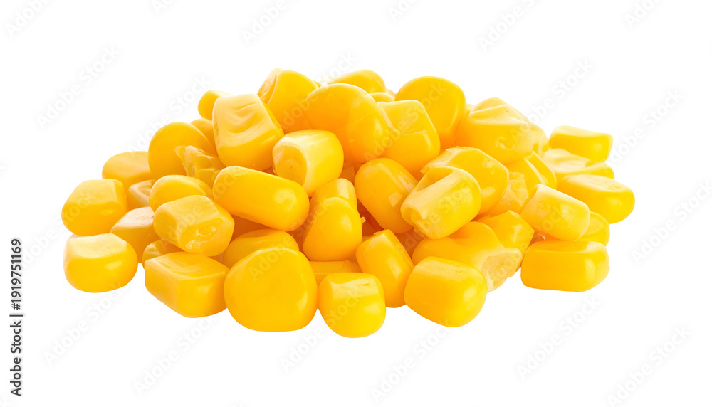 Fototapeta premium A close-up shot of a pile of bright yellow corn kernels against a black background. The kernels are shiny
