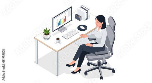 Woman Working on Computer at Desk.