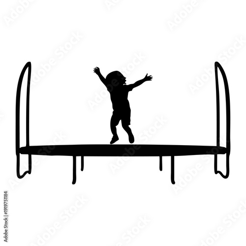 silhouette of a child playing on a trampoline on a white background