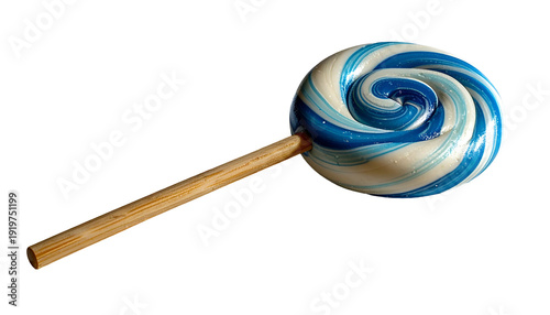 A close-up shot of a swirled lollipop with alternating blue and white colors and a wooden stick on a black background
