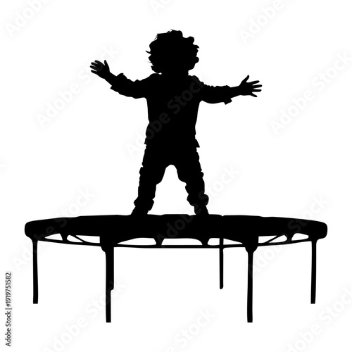 silhouette of a child playing on a trampoline on a white background
