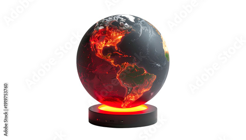 A digital rendering depicting a glowing, fiery globe hovering above a circular base against a black backdrop, showcasing a world map