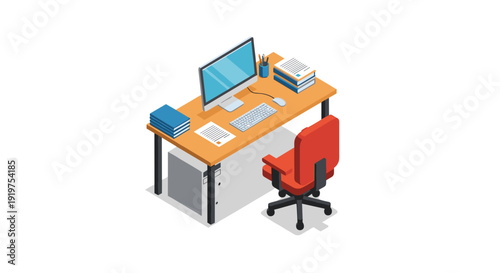 Modern Office Desk with Computer and Chair.