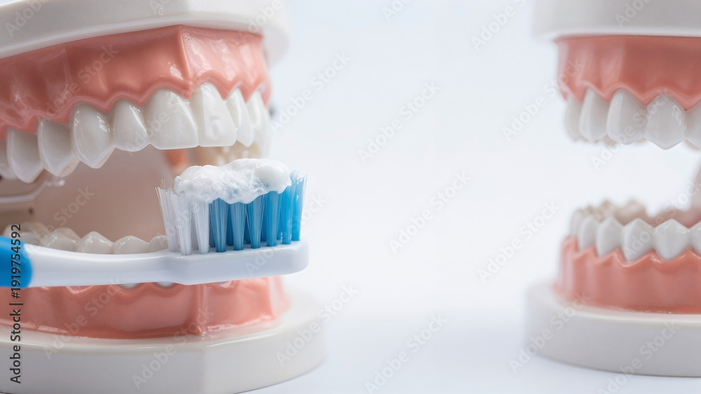 Obraz premium Toothbrush With Toothpaste Cleaning Dental Model Teeth for Oral Hygiene and Preventive Dentistry Concept