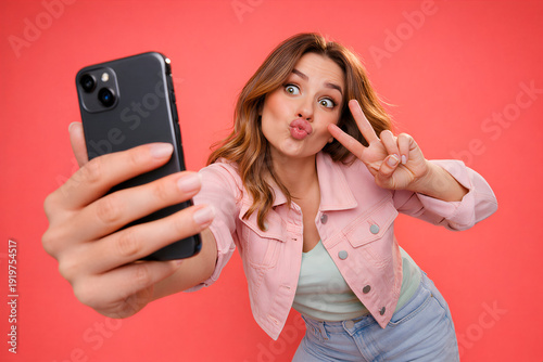 Funny Selfie of Young Woman Making Duck Face and Peace Sign with Smartphone on Pink Background