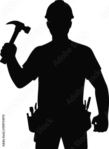 Builder silhouette holding hammer, construction worker with safety helmet and tool belt, skilled tradesman vector illustration isolated on white background