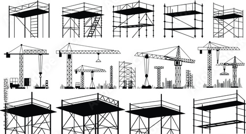 Construction scaffolding and crane silhouettes set, industrial building platforms and infrastructure equipment, urban development engineering process, black vector illustration, construction indus