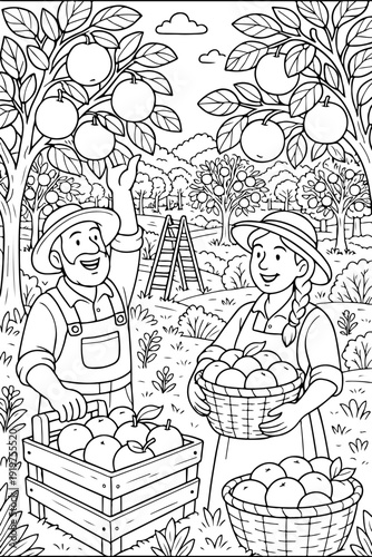 Fruits Orchard hand drawn vector illustration doodle art line art coloring page for kids