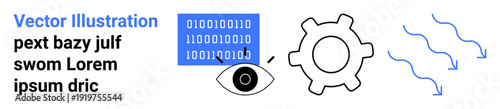 Technology, data processing, digital security, artificial intelligence, innovative solutions, workflow optimization. Binary code, gear eye and arrows. Technology and data processing