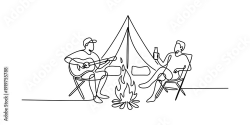 Continuous line drawing of two friends camping by a campfire with a guitar and tent Vector, illustration