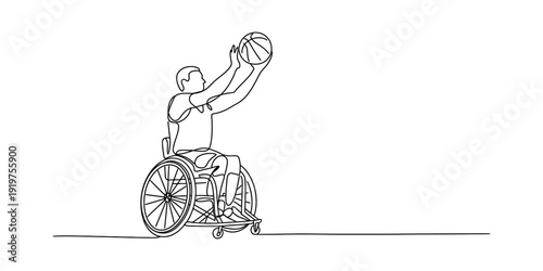 A line drawing illustration of a man in a wheelchair playing basketball and throwing a ball. Vector, illustration