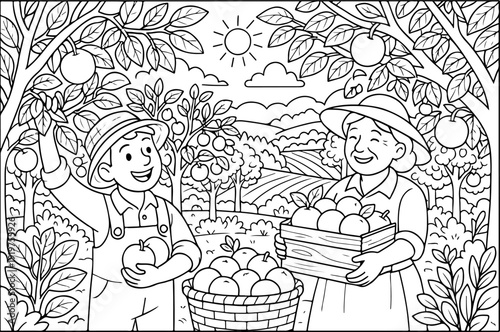 Fruits Orchard hand drawn vector illustration doodle art line art coloring page for kids