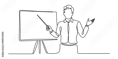 Continuous line drawing of a man giving a presentation with a pointer and whiteboard Vector, illustration