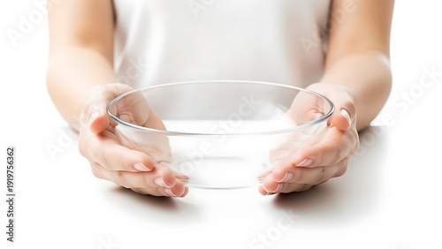 Person holding a clear glass bowl with both hands on a white background