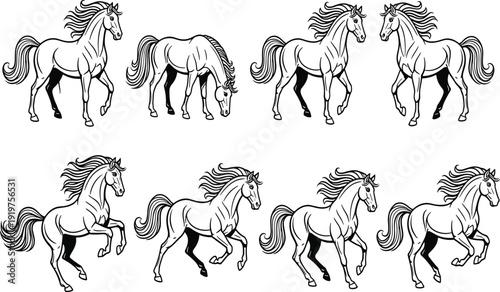 Black and white horse illustrations set, stallion figures walking and rearing, equestrian animal elements, CAD drawing flat vector illustration on white background