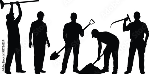 Construction worker silhouettes digging and holding tools set, professional builder with shovel and pickaxe concept vector illustration isolated on white background