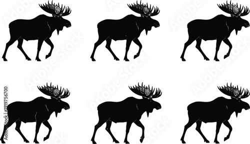 Black silhouettes of moose walking in a pattern, wild bull elk with large antlers, CAD drawing flat vector illustration on white background