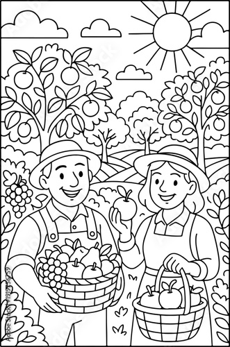 Fruits Orchard hand drawn vector illustration doodle art line art coloring page for kids