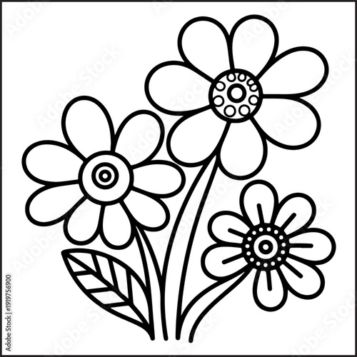 Black and white daisy flowers coloring page vector illustration, hand drawn line art, printable kids activity, scalable graphic design