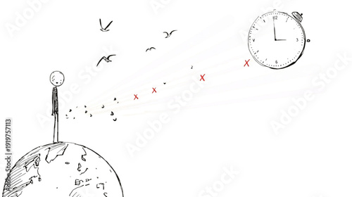 Time and a Person on Earth Reaching Out with Light Beams Towards an Alarm Clock with Obstacles