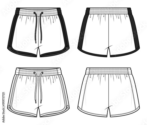 Running Shorts Technical Fashion Illustration with Double Binding Detail. Elastic Waist Drawstring Athletic Activewear Shorts. Front and Back View CAD Vector Template