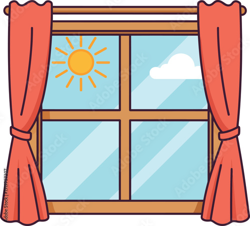 A cartoon window with a wooden frame and open red curtains revealing a bright sunny day with a blue sky and a single white cloud.