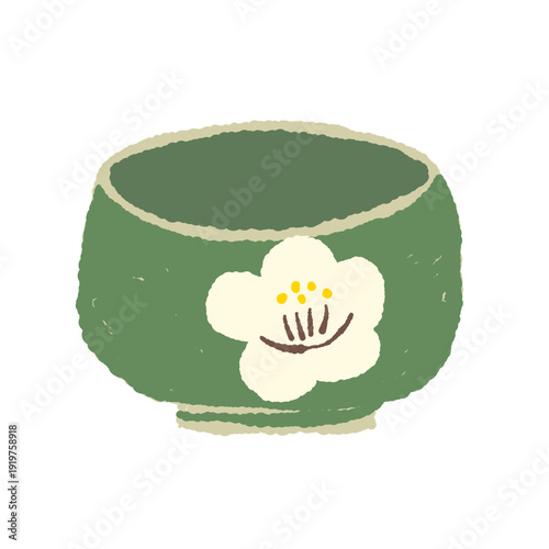 Green Tea Bowl with White Flower Design