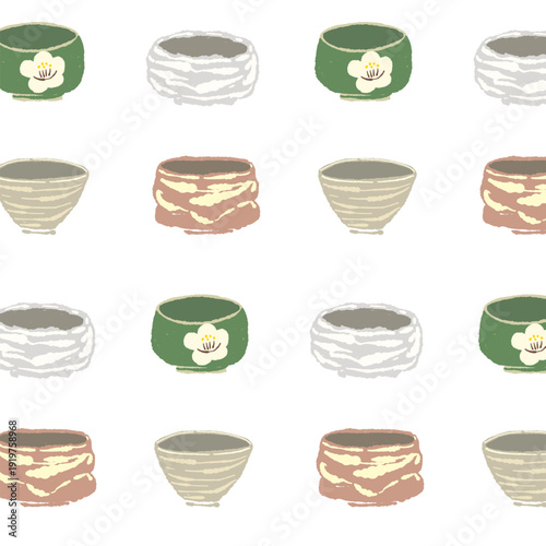 Seamless Pattern with Various Tea Bowls