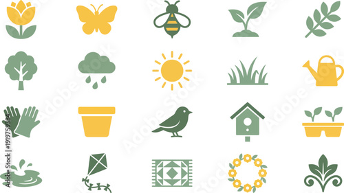 Collection of twenty stylized nature and garden icons featuring spring themes in yellow and green.