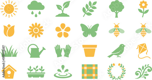 Collection of green and yellow icons representing various symbols of springtime gardening and nature.