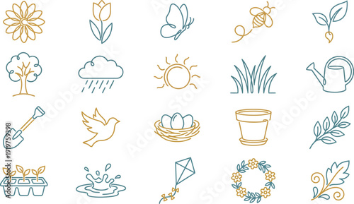 Collection of minimal line art icons representing beautiful springtime nature elements and garden activities
