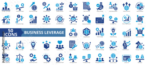 business leverage icon set flat style illustration. containing competitive edge, economic scale, synergy effect, strategic advantage, growth potential, equity funding, profit maximization