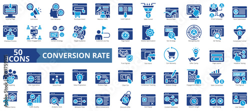 conversion rate icon set flat style illustration. containing analytics tools, split testing, call to action, traffic quality, user experience, bounce rate, target audience, engagement metrics