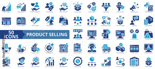 product selling icon set flat style illustration. containing customer journey, bundle deals, flash sales, shipping options, checkout process, payment gateway, value proposition, storefront design