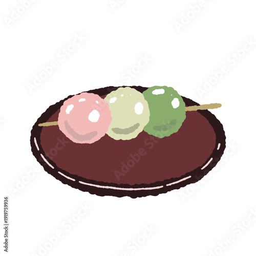 Three Color Dango Dumplings on Plate Illustration
