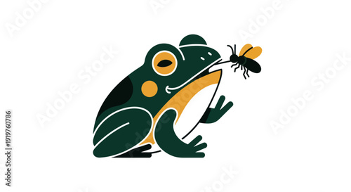 Stylized green frog with orange spots eating insect on white background