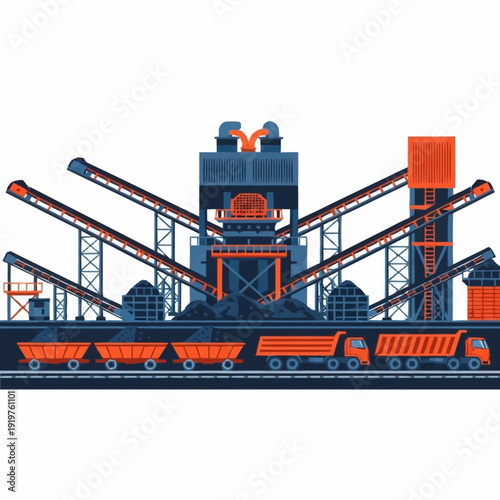 Coal mining and processing plant with conveyor belts and trucks.