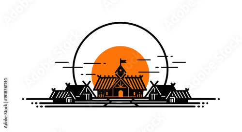 Stylized illustration of a building with decorative elements and a celestial body
