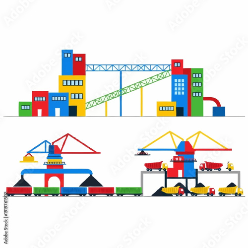 Colorful Industrial Buildings and Cargo Loading Facilities Illustration.