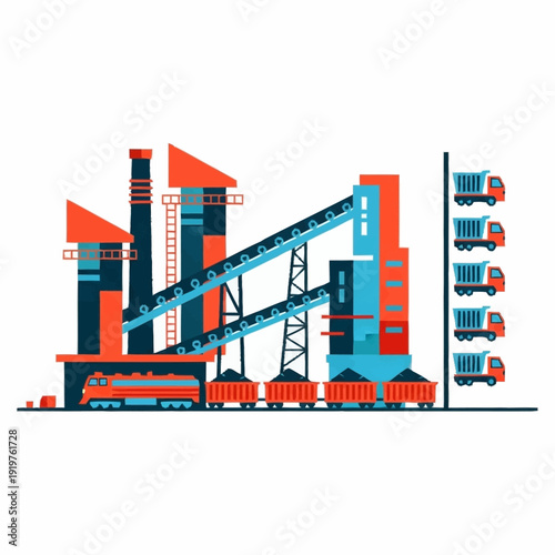 Industrial Coal Mining and Processing Plant with Conveyor Belts and Transport Vehicles.