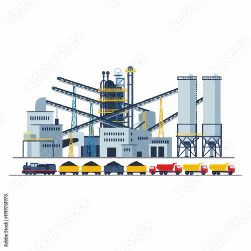 Industrial factory complex with train carrying raw materials.