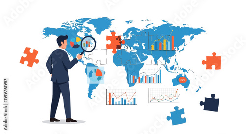 Analyst examining global data and charts with puzzle pieces vector illustration